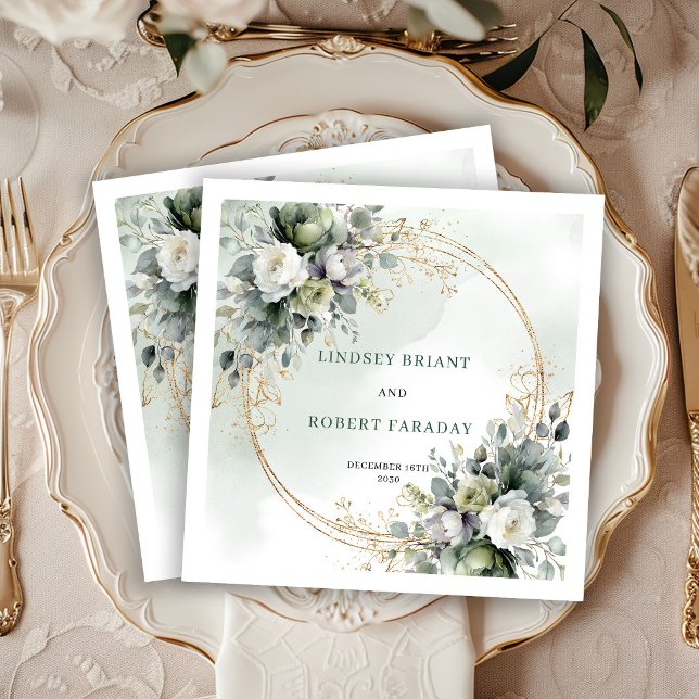 Servilleta De Papel Servilletas de boda de rosas blancas de lujo con e (Luxury White Roses Eucalyptus Wedding Napkins)