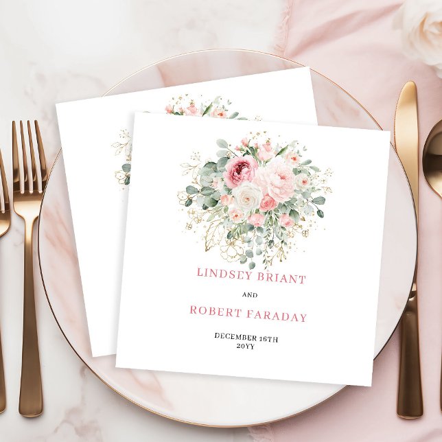 Servilleta De Papel Servilletas de boda de rosas Boho Blush Eucalipto  (Boho Blush Roses Eucalyptus Gold Wedding Napkins)