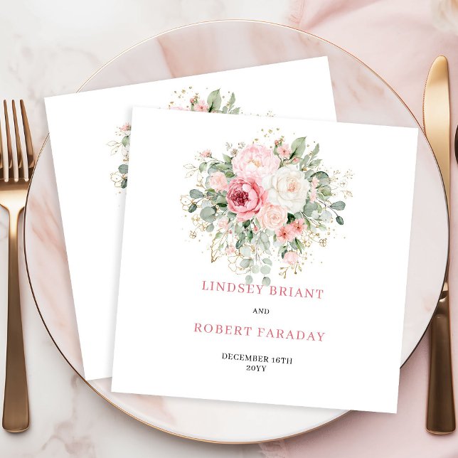 Servilleta De Papel Servilletas de boda de rosas sonrosadas minimalist (Elegant Minimal Blush Roses Wedding Napkins)