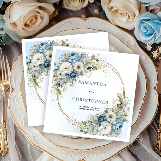 Servilleta De Papel Servilletas de boda doradas de peonía azul sofisti (Sophisticated Blue Peony Gold Wedding Napkins)