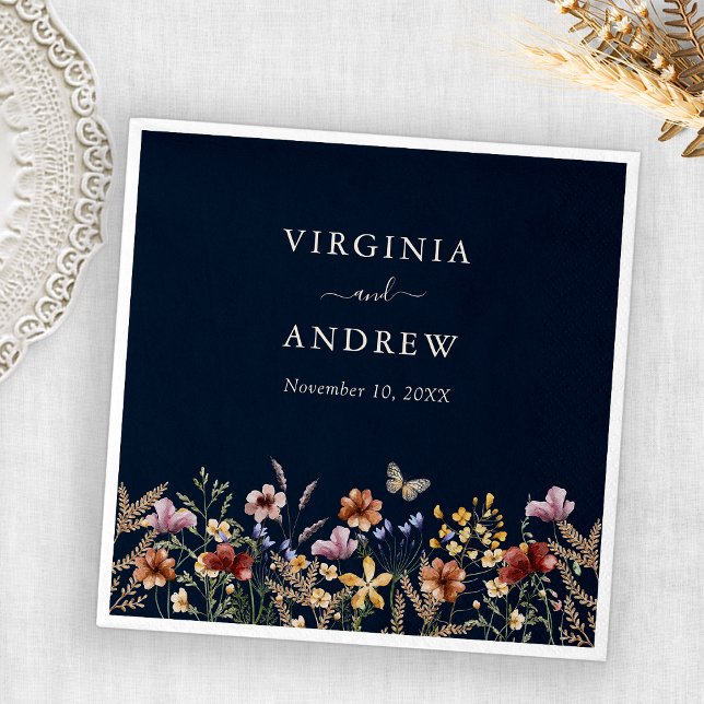 Servilleta De Papel Servilletas de boda florales boho azul marino (Navy Blue Boho Floral Wedding Napkins by Painted Paperie
)