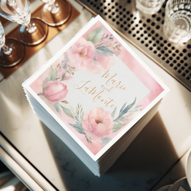 Servilleta De Papel Servilletas de boda florales de acuarela pastel ro (Pink Pastel Floral Watercolor Wedding Napkins)