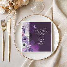 Servilletas de boda florales moradas de mariposa
