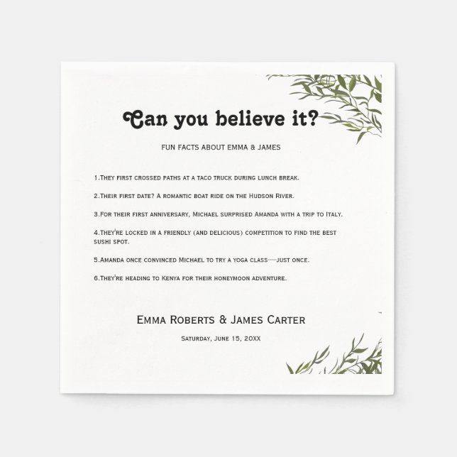 Servilleta De Papel Servilletas de boda modernas con datos divertidos  (Anverso)