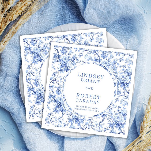 Servilleta De Papel Servilletas de boda personalizadas Chic Deep Blue  (Chic Deep Blue Toile Roses Custom Wedding Napkins

)