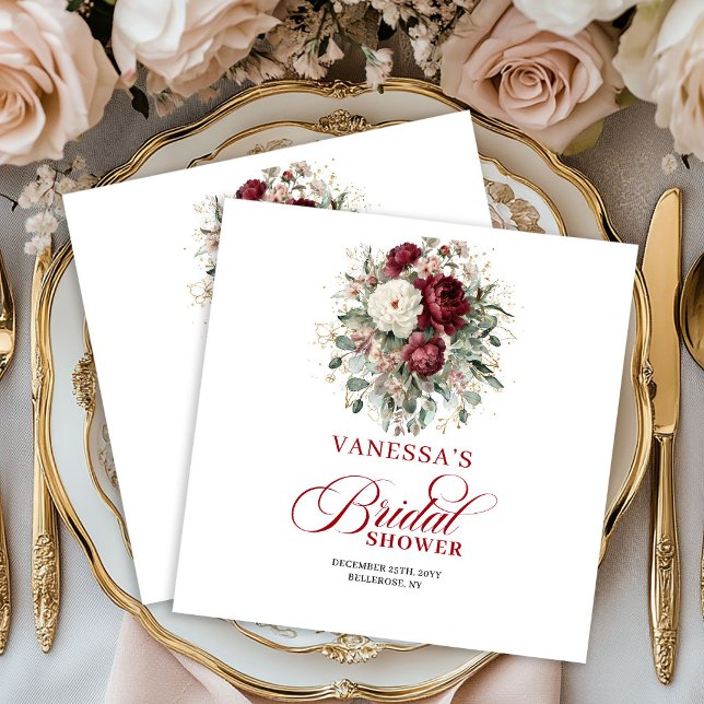 Servilleta De Papel Servilletas de boda refinadas florales de Borgoña  (Refined Burgundy Floral Gold Bridal Shower Napkins)