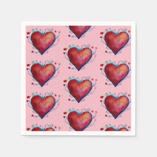 Servilleta De Papel Servilletas de boda rosadas con corazones rojos (Anverso)