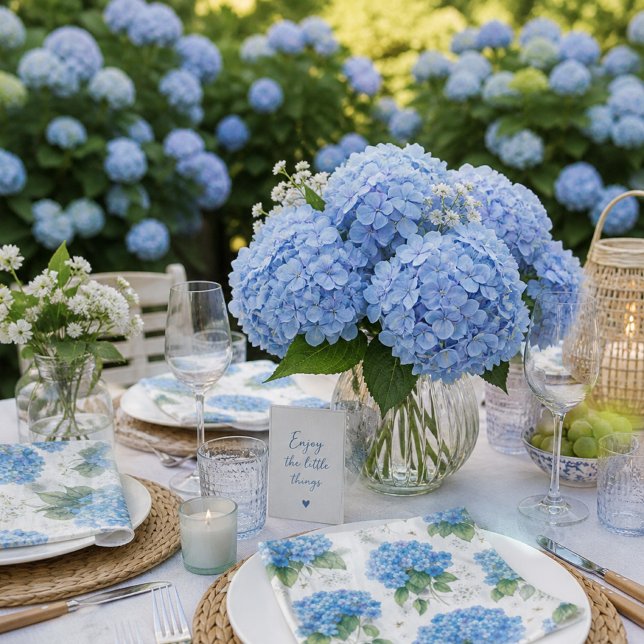 Servilleta De Papel Servilletas de Cocktail de Hortensia Azul | Coster (Elegant blue hydrangea paper napkins, perfect for garden parties, brunches, and coastal tables.)