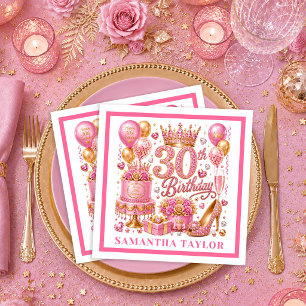Servilleta De Papel Servilletas de cumpleaños 30 Hot Pink Gold Glitter