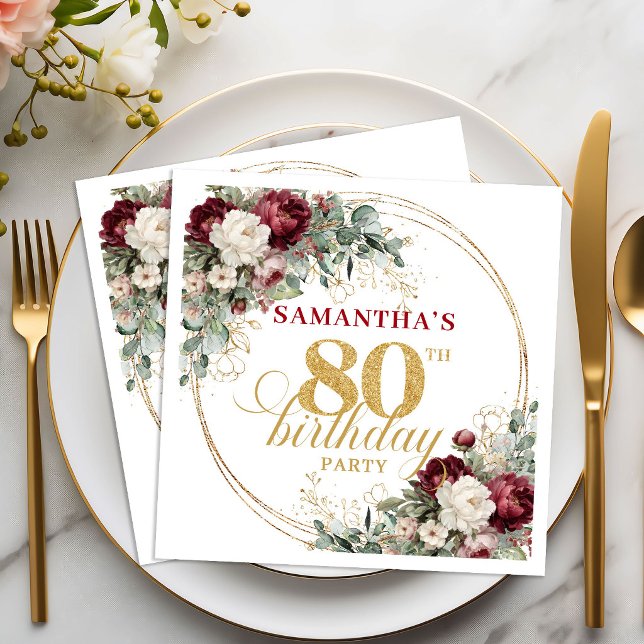 Servilleta De Papel Servilletas de cumpleaños 80 Boho Burgundy Floral  (Boho Burgundy Floral Gold 80th Birthday Napkins)