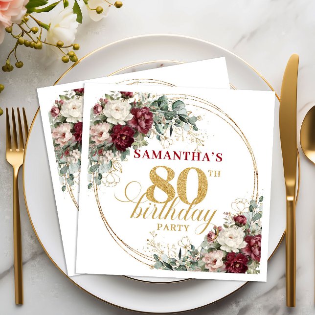 Servilleta De Papel Servilletas de cumpleaños 80 Boho Burgundy Greener (Boho Burgundy Greenery 80th Birthday Napkins)
