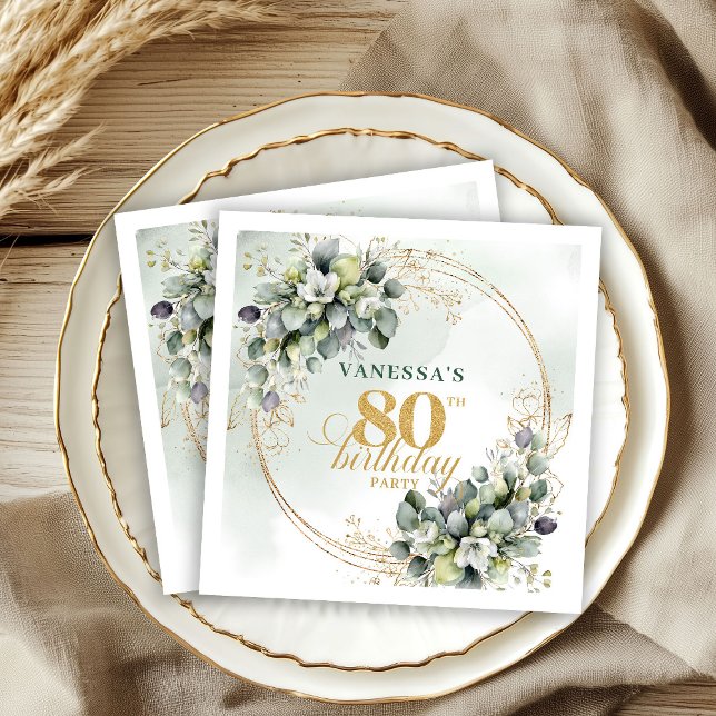Servilleta De Papel Servilletas de cumpleaños 80 de acuarela verde ele (Graceful Watercolor Greenery 80th Birthday Napkins)