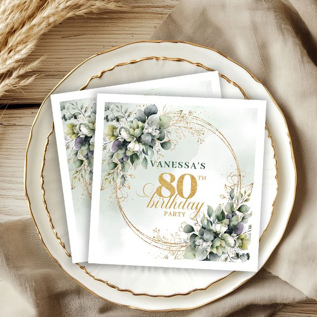 Servilleta De Papel Servilletas de cumpleaños 80 Dusty Green Boho Euca (Elegant Dusty Green Gold Eucalyptus 80th Birthday Napkins)