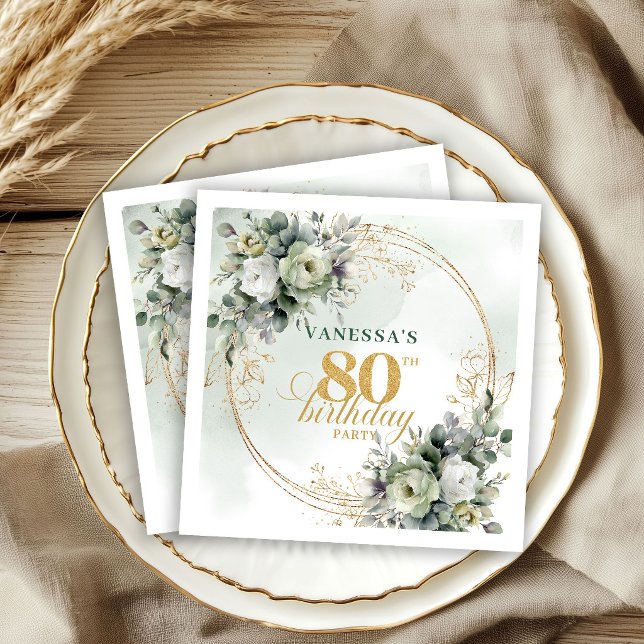 Servilleta De Papel Servilletas de cumpleaños 80 elegantes con vegetac (Elegant Botanical Greenery 80th Birthday Napkins)