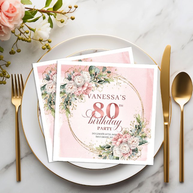 Servilleta De Papel Servilletas de cumpleaños 80 Floral Acuarela Rosa  (Light Pink Watercolor Floral 80th Birthday Napkins)