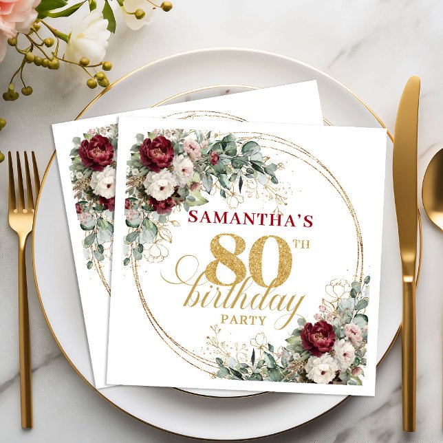Servilleta De Papel Servilletas de cumpleaños 80 modernas de flores de (Modern Burgundy Floral Gold 80th Birthday Napkins)