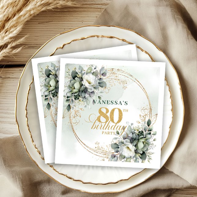 Servilleta De Papel Servilletas de cumpleaños 80 Romántico Boho Verde (Romantic Boho Greenery 80th Birthday Napkins)