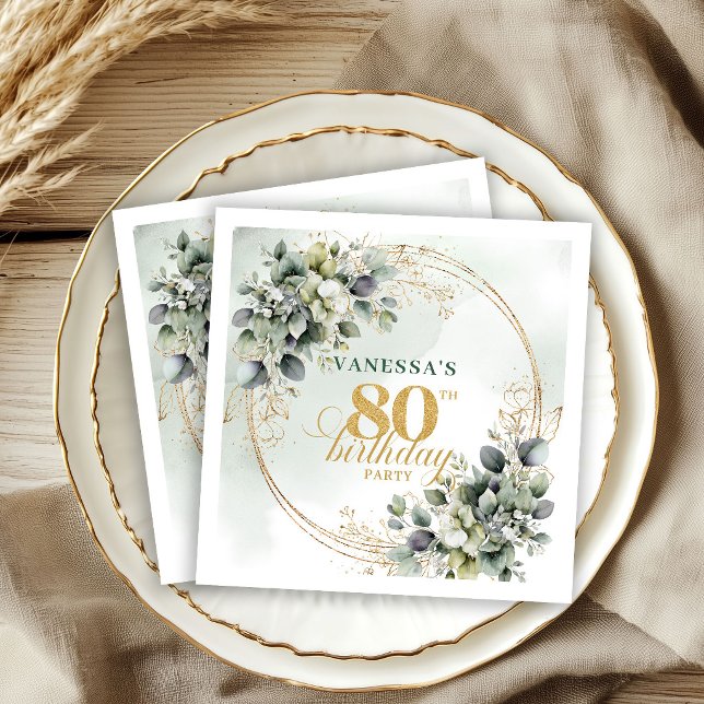 Servilleta De Papel Servilletas de cumpleaños 80 Rustic Greenery y Gol (Rustic Greenery and Gold 80th Birthday Napkins)