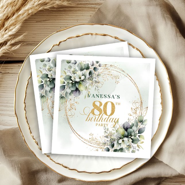Servilleta De Papel Servilletas de cumpleaños 80 Rústico Boho Eucalipt (Rustic Boho Eucalyptus Green 80th Birthday Napkins)