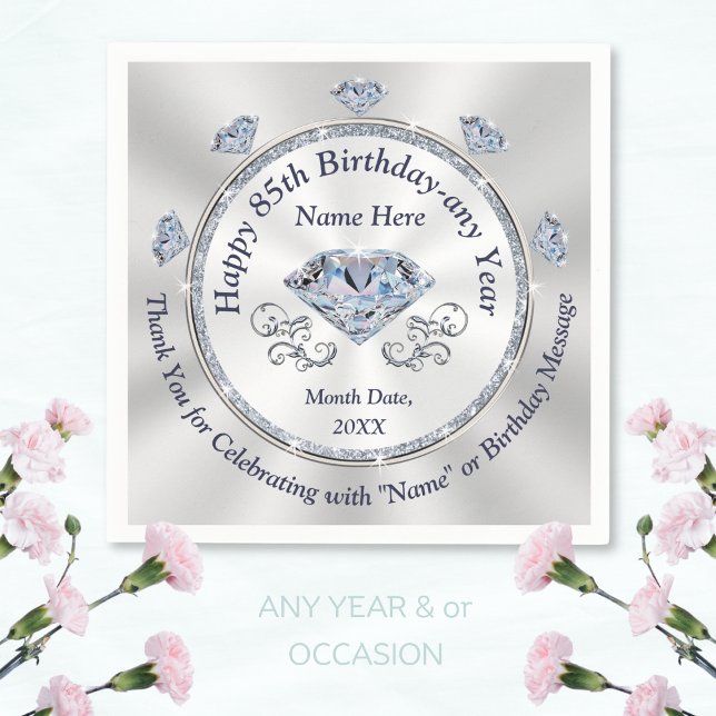 Servilleta De Papel Servilletas de cumpleaños 85, tema Diamante impres (85th birthday napkins. Custom, 85th birthday plates and napkins. 85th birthday table decorations.)