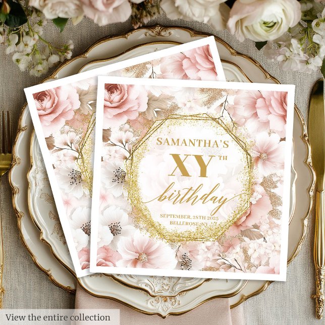 Servilleta De Papel Servilletas de cumpleaños Boho Dusty Pink 80 con f (Boho Dusty Pink 80 Birthday Napkins with Florals)