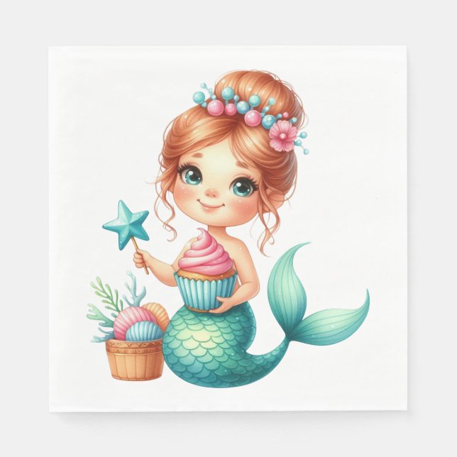 Servilleta De Papel Servilletas de cumpleaños de niña sirena 🧜‍♀️💖 (Anverso)
