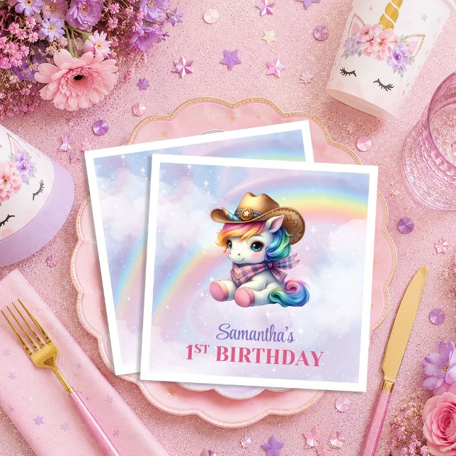 Servilleta De Papel Servilletas de cumpleaños de niña unicornio vaquer (Cowboy Unicorn Pink Purple Girl Birthday Napkins)