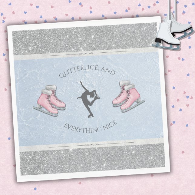 Servilleta De Papel Servilletas de cumpleaños de patinadora sobre hiel (Elegant Ice Skater Napkins featuring Silver Glitter and Icy Blue accents.)
