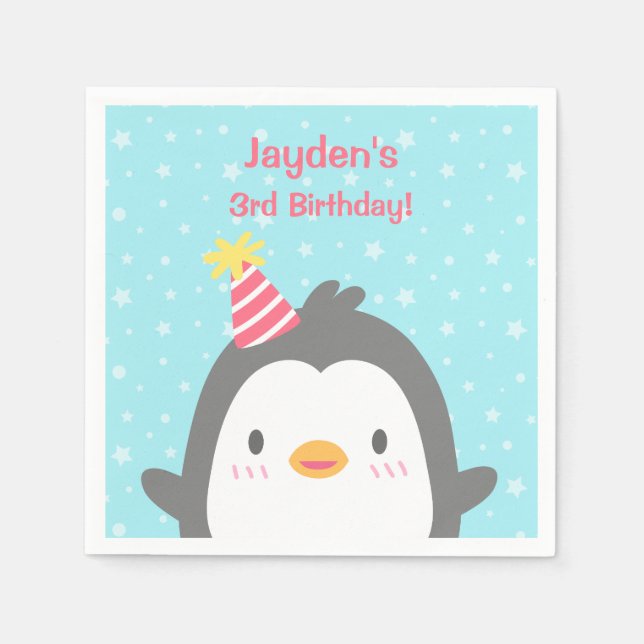 Servilleta De Papel Servilletas de cumpleaños de pingüino feliz lindo (Anverso)