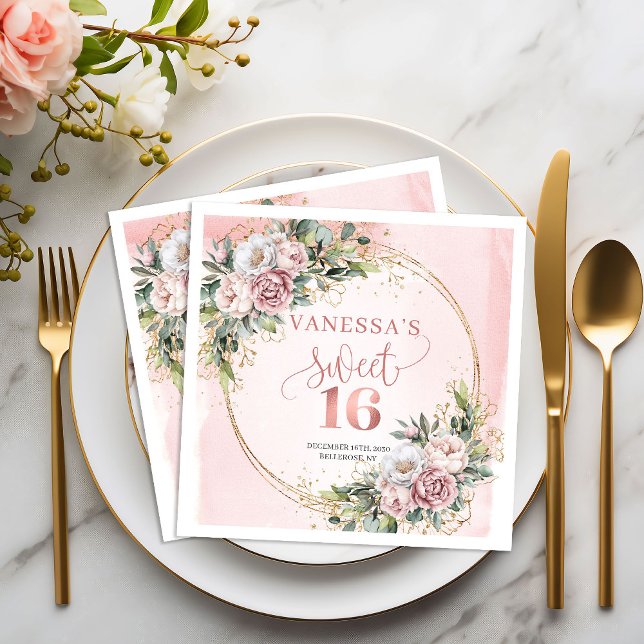 Servilleta De Papel Servilletas de cumpleaños dulces 16 estilo boho ro (Stylish Boho Rose Gold Floral Sweet 16 Napkins)