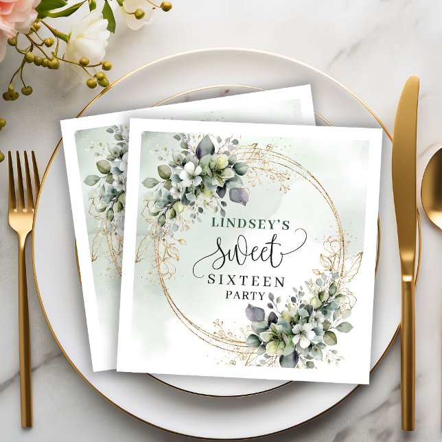 Servilleta De Papel Servilletas de cumpleaños Greenery Botanical Gold  (Greenery Botanical Gold Sweet 16 Birthday Napkins)