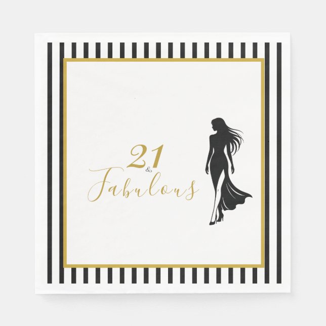 Servilleta De Papel Servilletas de cumpleaños negras doradas 21 & Fabu (Anverso)