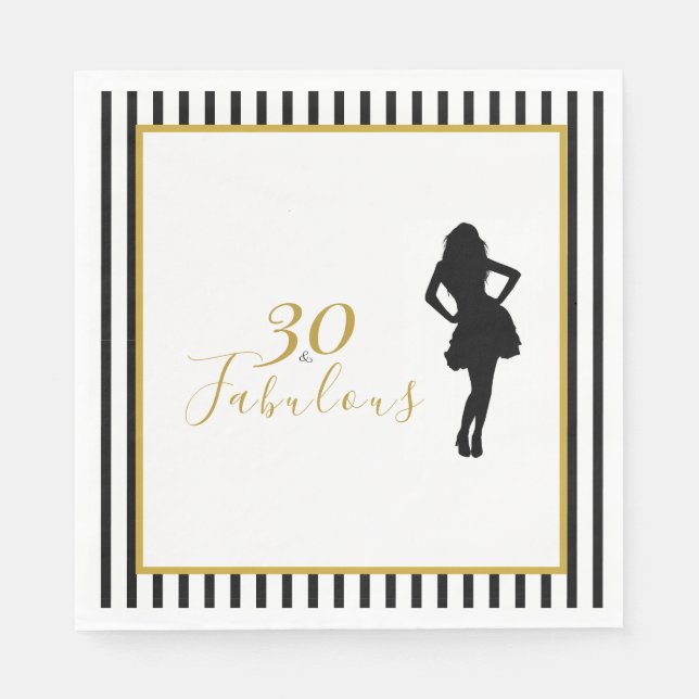 Servilleta De Papel Servilletas de cumpleaños negras doradas 30 & Fabu (Anverso)