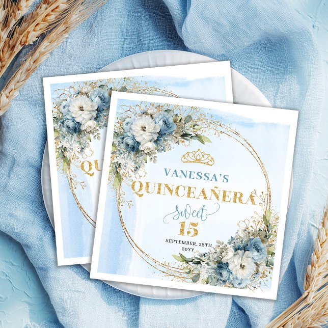 Servilleta De Papel Servilletas de cumpleaños número 15 con flores azu (Bohemian Dusty Blue Floral 15th Birthday Napkins)