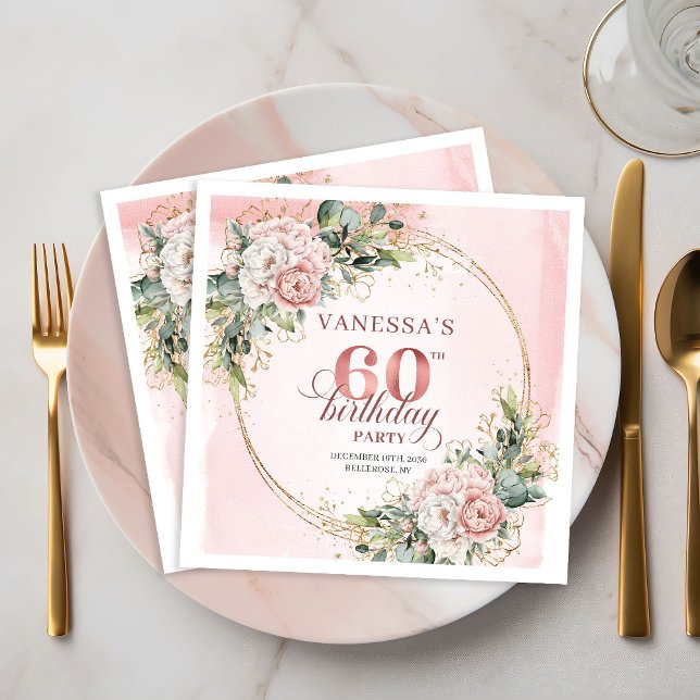 Servilleta De Papel Servilletas de cumpleaños número 60 Chic Boho Rosa (Chic Boho Rose Gold Watercolor 60th Birthday Napkins)