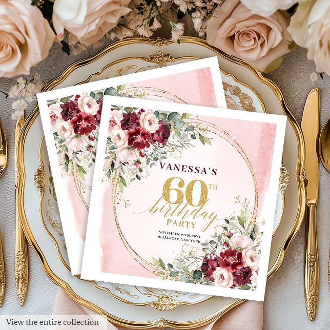 Servilleta De Papel Servilletas de cumpleaños número 60 con flores roj (Stylish Boho Deep Red Floral 60th Birthday Napkins)