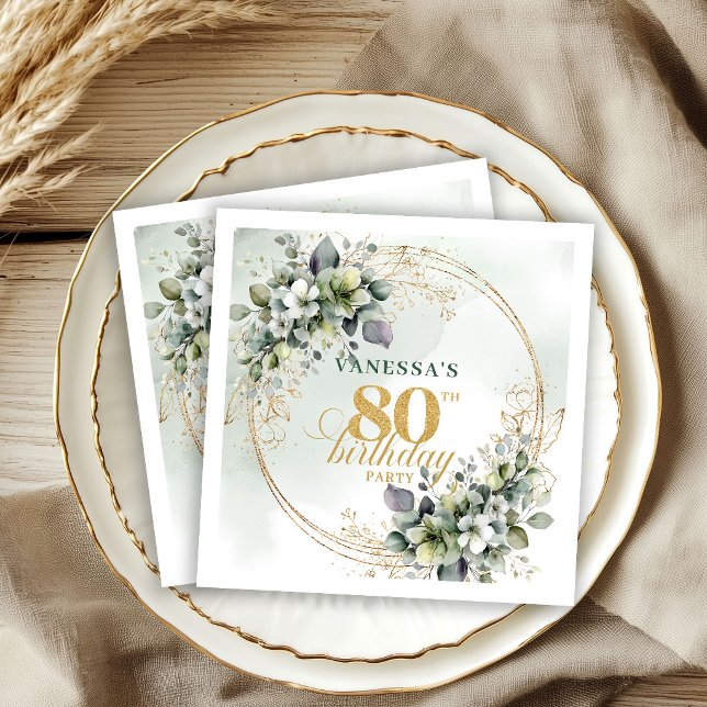 Servilleta De Papel Servilletas de cumpleaños número 80 Boho Dusty Gre (Boho Dusty Green Botanical 80th Birthday Napkins)