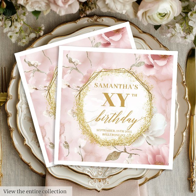Servilleta De Papel Servilletas de Cumpleaños Personalizadas con Guión (Custom Gold Script Blush 80 Birthday Party Napkins)