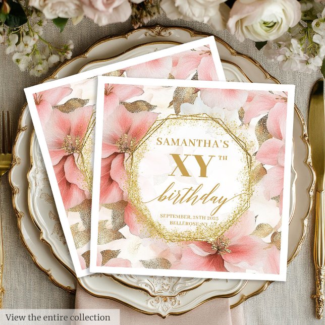 Servilleta De Papel Servilletas de cumpleaños personalizadas de acuare (Watercolor Pink Floral 80 Birthday Napkins Custom)
