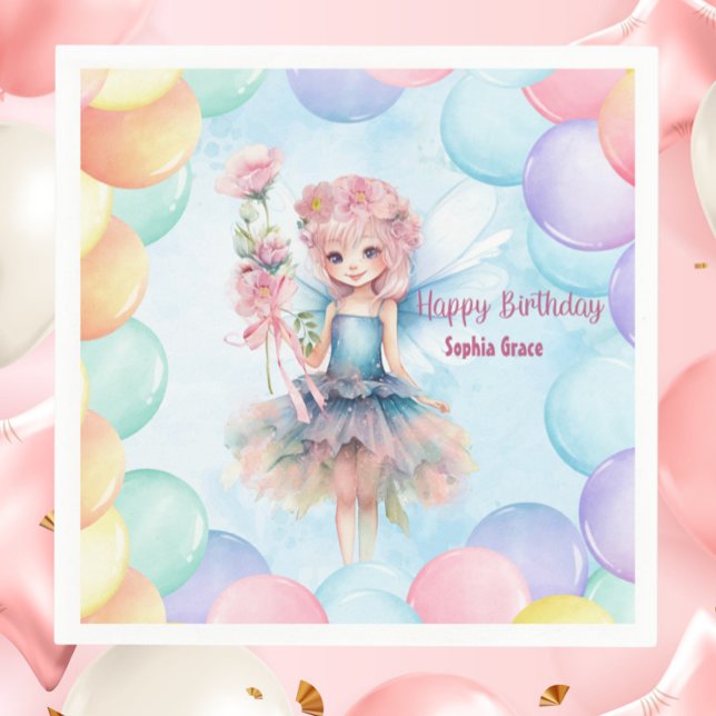Servilleta De Papel Servilletas de cumpleaños personalizadas de hada a (Personalized Blue Fairy Birthday Napkins – Custom Name Party Decor with Balloons)