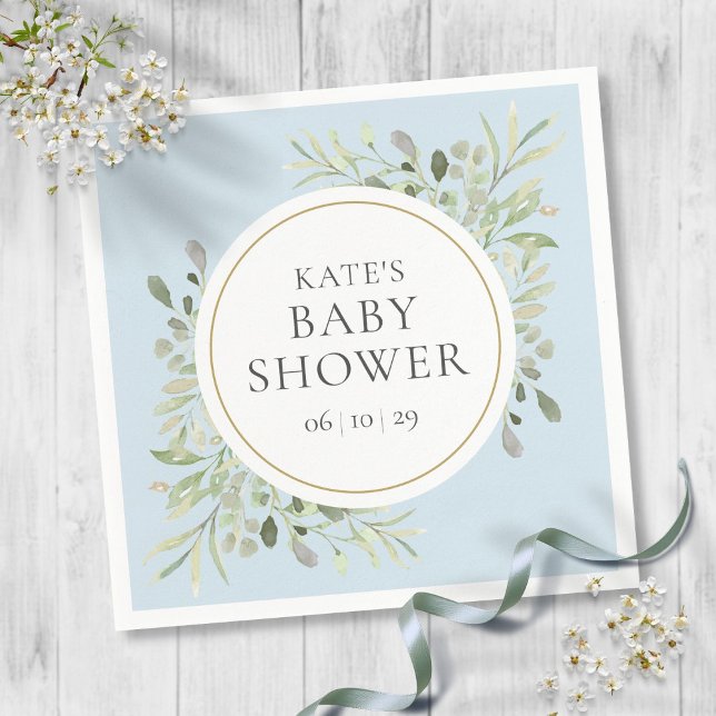 Servilleta De Papel Servilletas de ducha de bebé niño azul con vegetac (Watercolor Greenery Boy Blue Baby Shower Napkins)