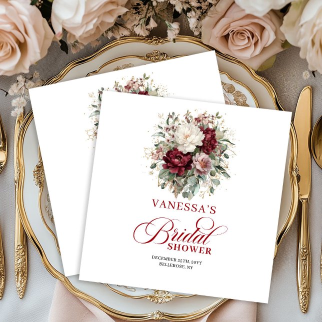 Servilleta De Papel Servilletas de Ducha de Novia Florales de Burdeos  (Beautiful Burgundy Floral Bridal Shower Napkins)