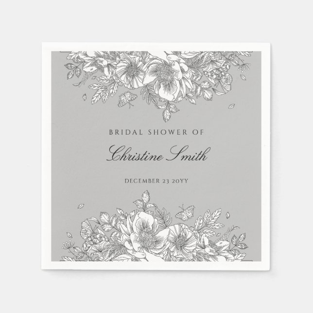 Servilleta De Papel Servilletas de ducha nupcial floral gris elegante (Anverso)