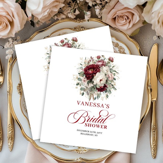 Servilleta De Papel Servilletas de ducha nupcial floral rojo profundo  (Stylish Deep Red Floral Bridal Shower Napkins)