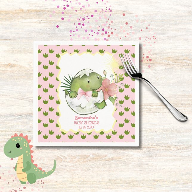 Servilleta De Papel Servilletas de fiesta con dinosaurio saliendo del  (Hatching Dino with Bow & Flower Party Napkins)