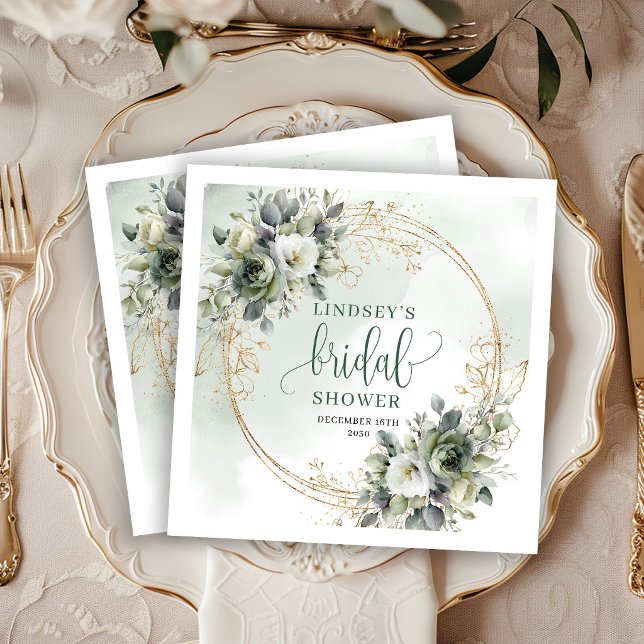 Servilleta De Papel Servilletas de fiesta de boda de acuarela verde do (Watercolor Greenery Gold Bridal Shower Party Napkins)