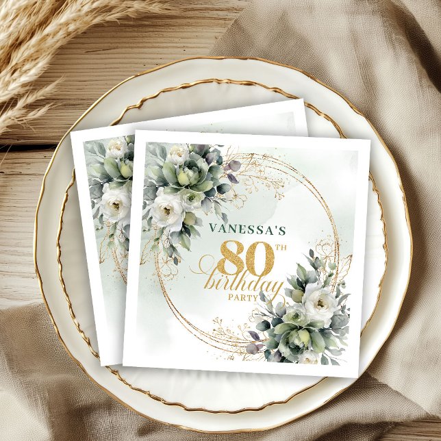 Servilleta De Papel Servilletas de fiesta de cumpleaños 80 de Bohemian (Bohemian Greenery Gold 80th Birthday Party Napkins)