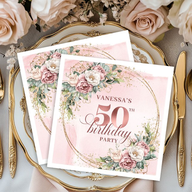 Servilleta De Papel Servilletas de fiesta de cumpleaños de 50 años en  (Luxury Rose Gold Blush 50th Birthday Party Napkins)