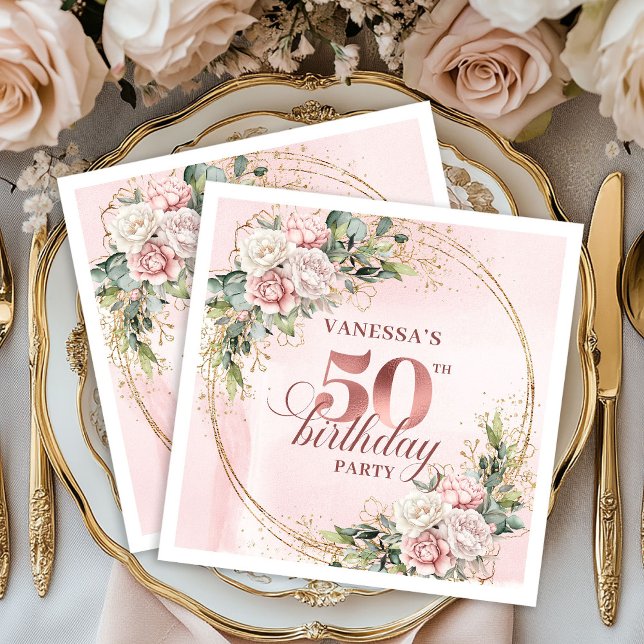 Servilleta De Papel Servilletas de fiesta de cumpleaños número 50 de a (Watercolor Rose Gold 50th Birthday Party Napkins)