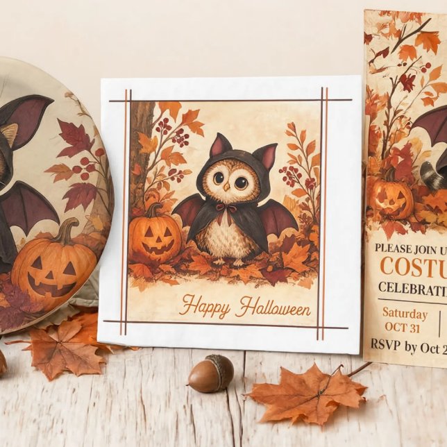 Servilleta De Papel Servilletas de fiesta de disfraz de murciélago búh (Cute Owl Bat Costume Halloween Party Napkins)